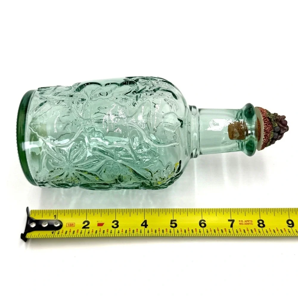 Vintage Style Green Embossed Floral Glass Bottle with Grape Stopper Made Canada